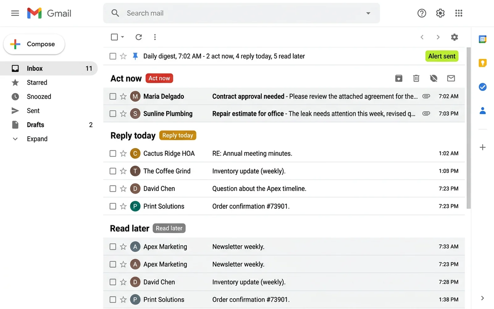A Gmail inbox filling the frame, grouped into Act now, Reply today and Read later, with a pinned daily digest row marked Alert sent