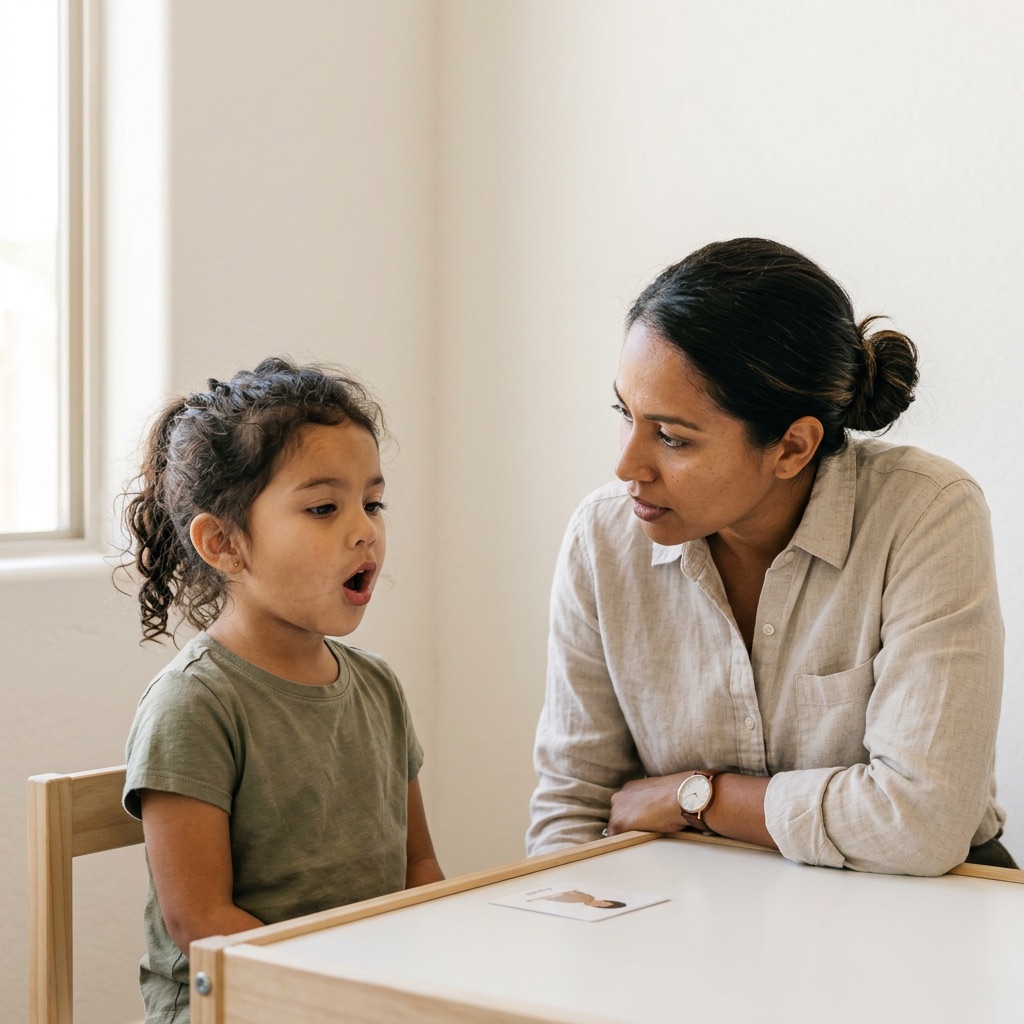 A preschool girl practices a sound at a low table with her speech language pathologist
