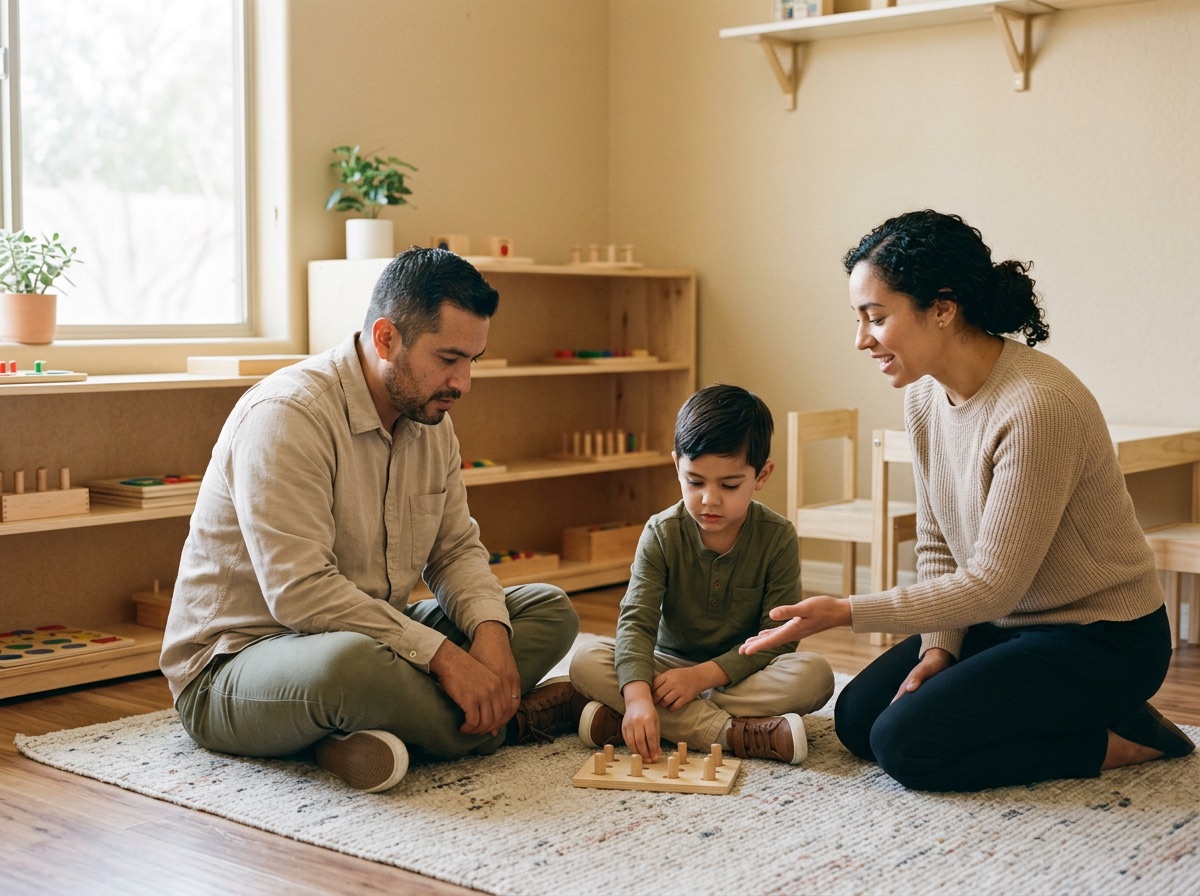A father and his son sit on the clinic rug while a therapist kneels alongside and coaches him