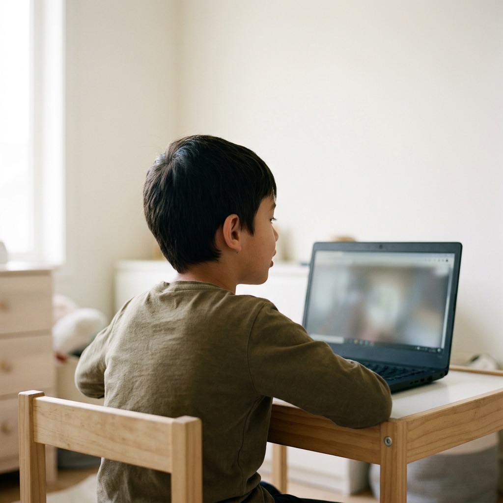 A boy at his bedroom desk talking through a laptop video therapy session