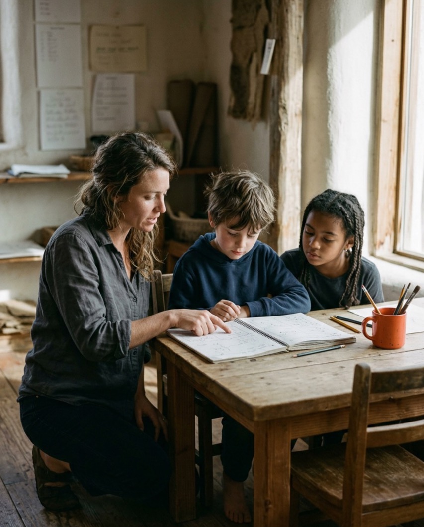 A guide kneeling beside two children at a long wood table in hard morning light, pointing at a workbook.