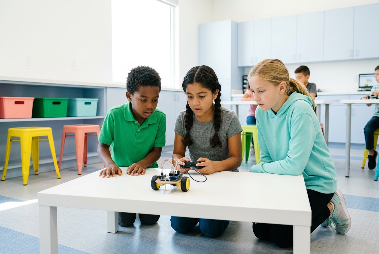 Three children crouched around a small wheeled robot they built, testing it on a white worktable in a bright lab.
