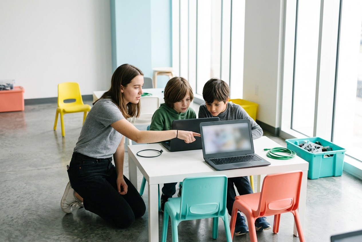 An instructor kneeling beside two children at laptops, pointing something out on one screen.