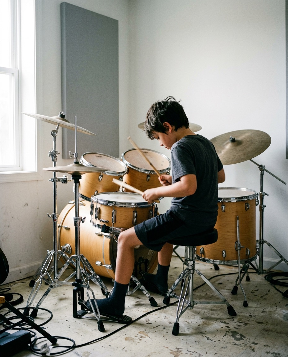 A boy of about nine plays a drum kit mid beat in a white practice room
