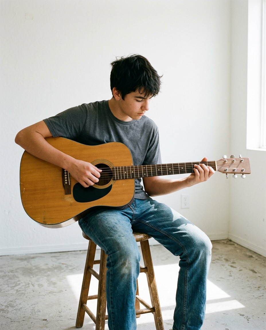A teenager on a stool shapes a chord on an acoustic guitar, looking down at the fretboard