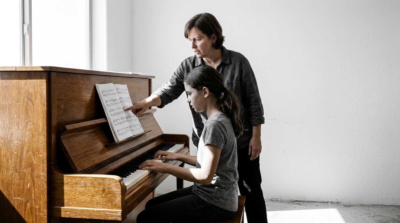 A girl of about twelve plays an upright piano while her teacher stands beside her pointing at the sheet music