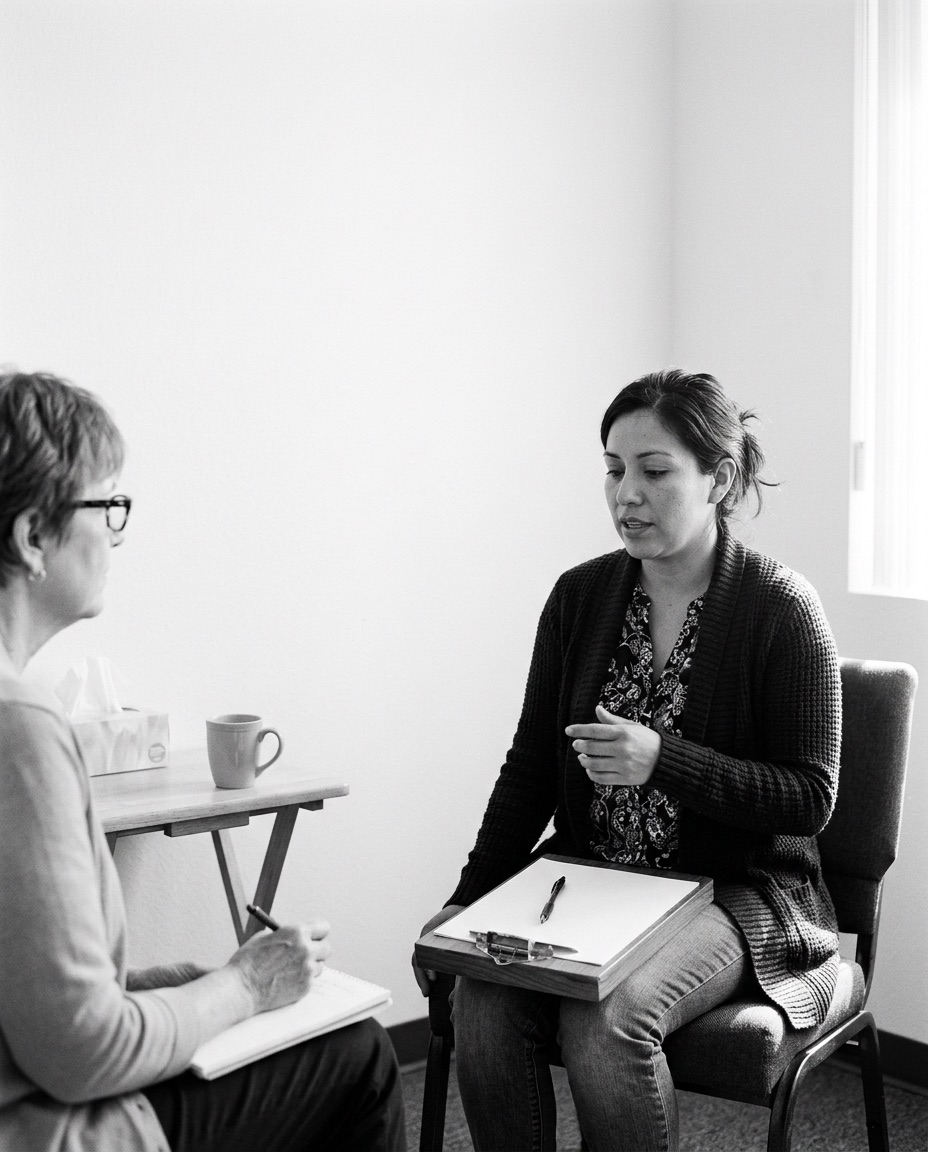 A mother sitting in a plain chair mid-conversation with a psychologist during an intake session, a clipboard resting on her knee.