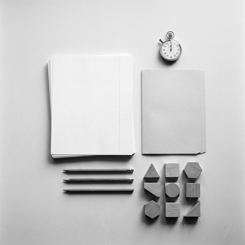 Overhead view of blank report pages, a manila folder, two pencils, a stopwatch and wooden pattern blocks arranged on a desk.