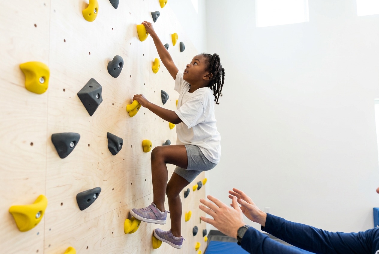 A child reaching for a yellow hold partway up the 12 foot climbing wall while a therapist spots from below.