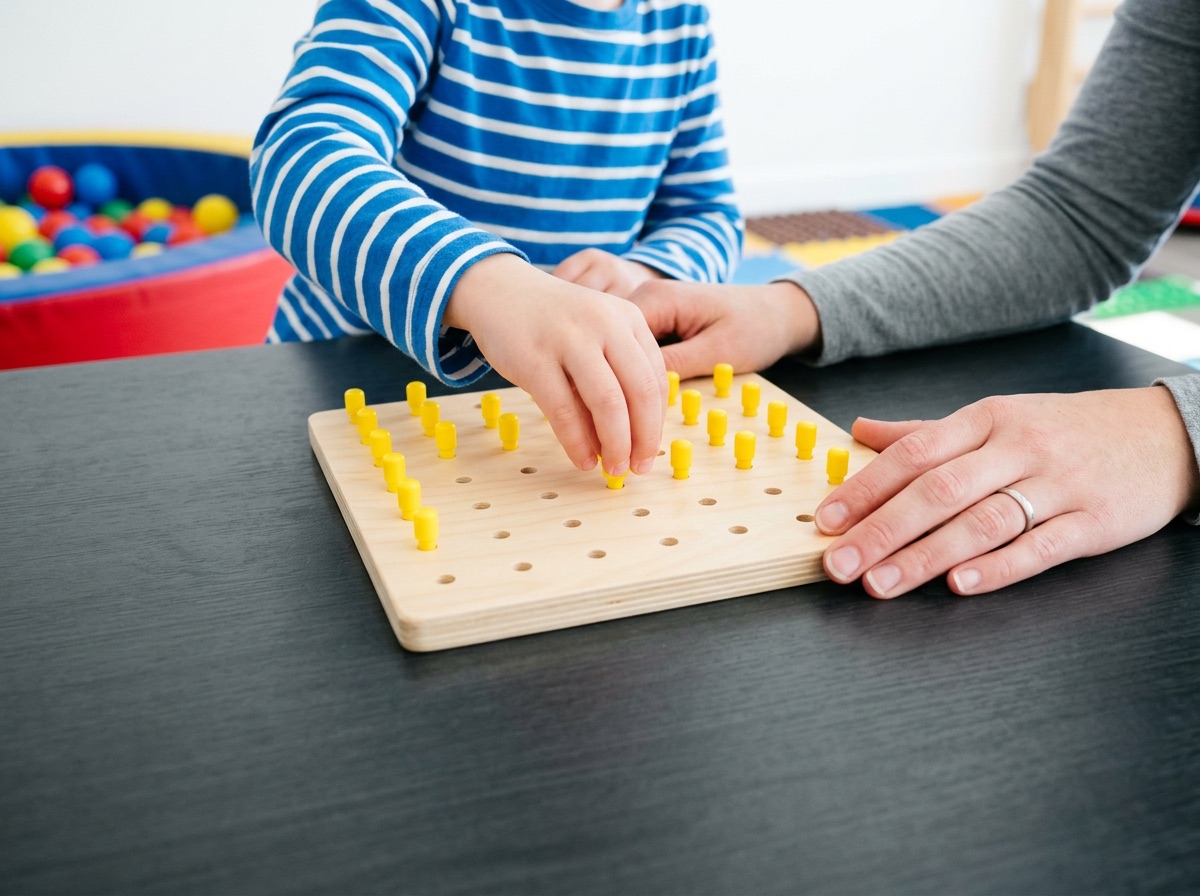 Close view of a child's hands using a pincer grip on small yellow pegs while a therapist's hand steadies the board.