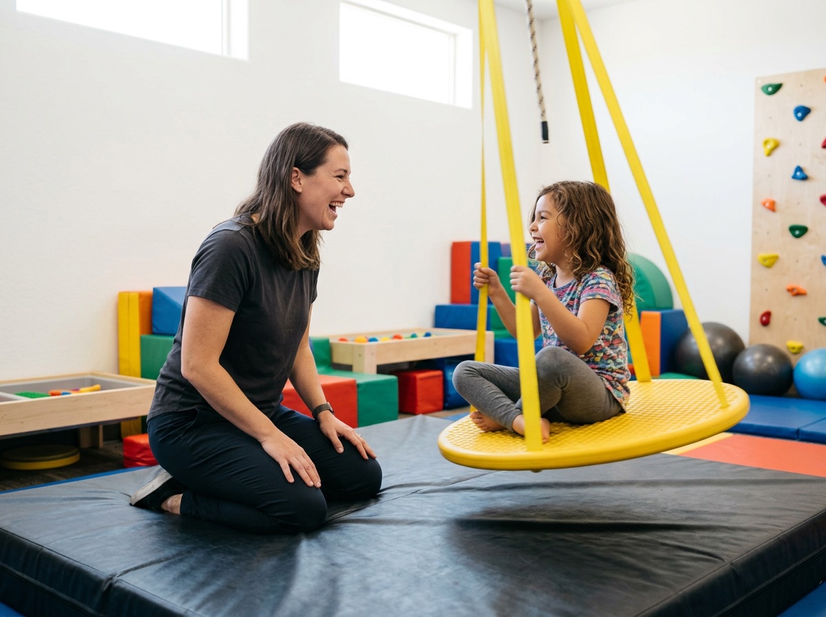 An occupational therapist kneeling beside a young child on a platform swing, both mid-laugh during a session.
