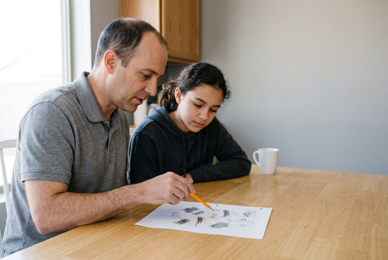 Dan Halvorsen sits beside a ninth grader at a kitchen table, pointing at a graph paper page with an orange pencil.