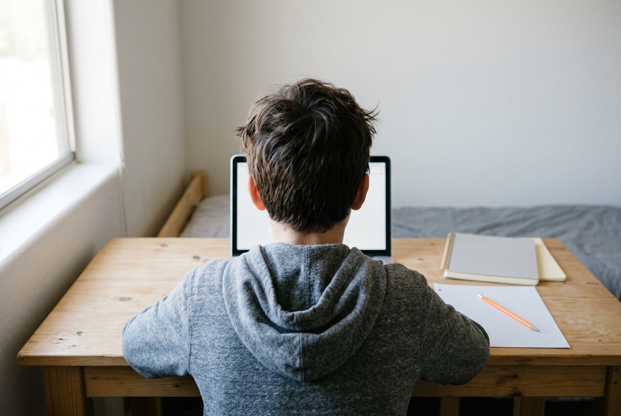 A middle school student at a bedroom desk during an online math lesson, seen from behind, with graph paper and an orange pencil beside the laptop.
