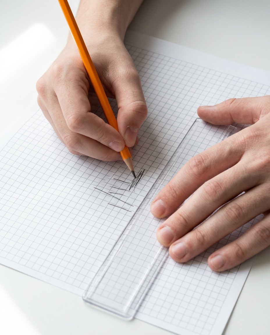 Close view of a teenager's hand working a problem on graph paper with an orange pencil while an adult hand steadies a ruler.