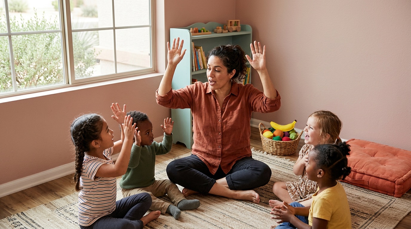 Marisol sits cross-legged on a rug with four toddlers, hands raised mid-song, in a sunlit front room.