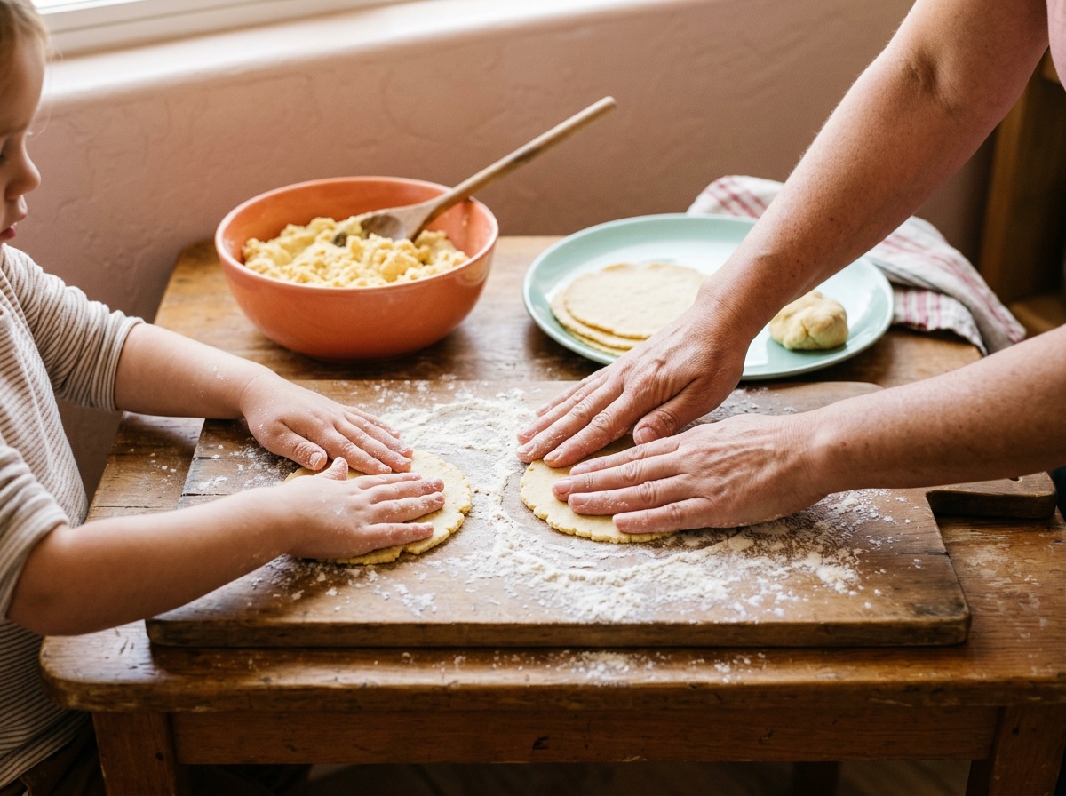 Small hands pat rounds of masa on a low wooden table next to an adult's hands and a coral bowl.