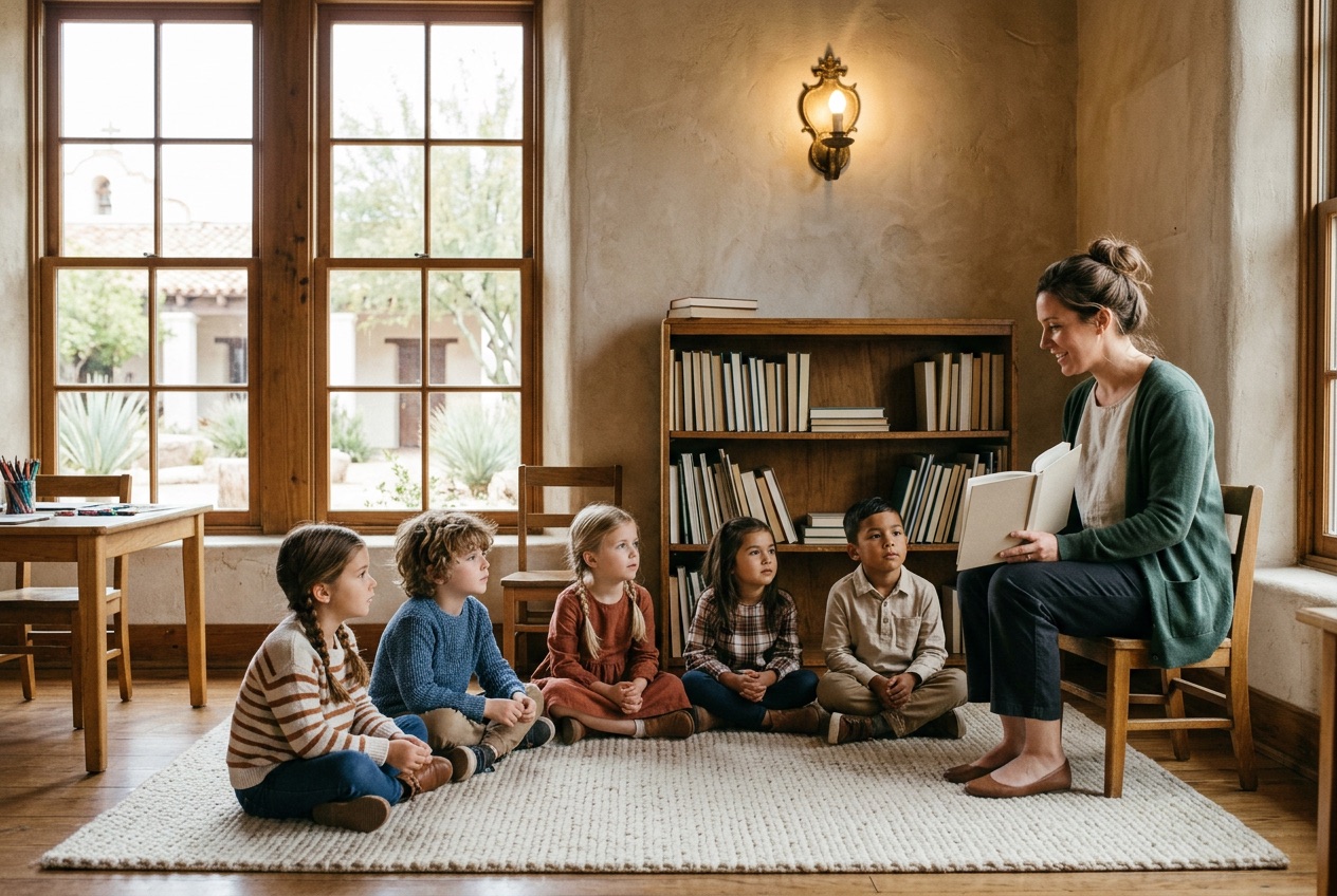 Young children sitting on a wool rug listening to a teacher read aloud in the grammar school room