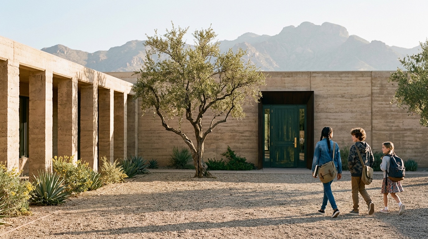 Three students walking across the gravel courtyard toward the green front door of the academy, McDowell Mountains behind