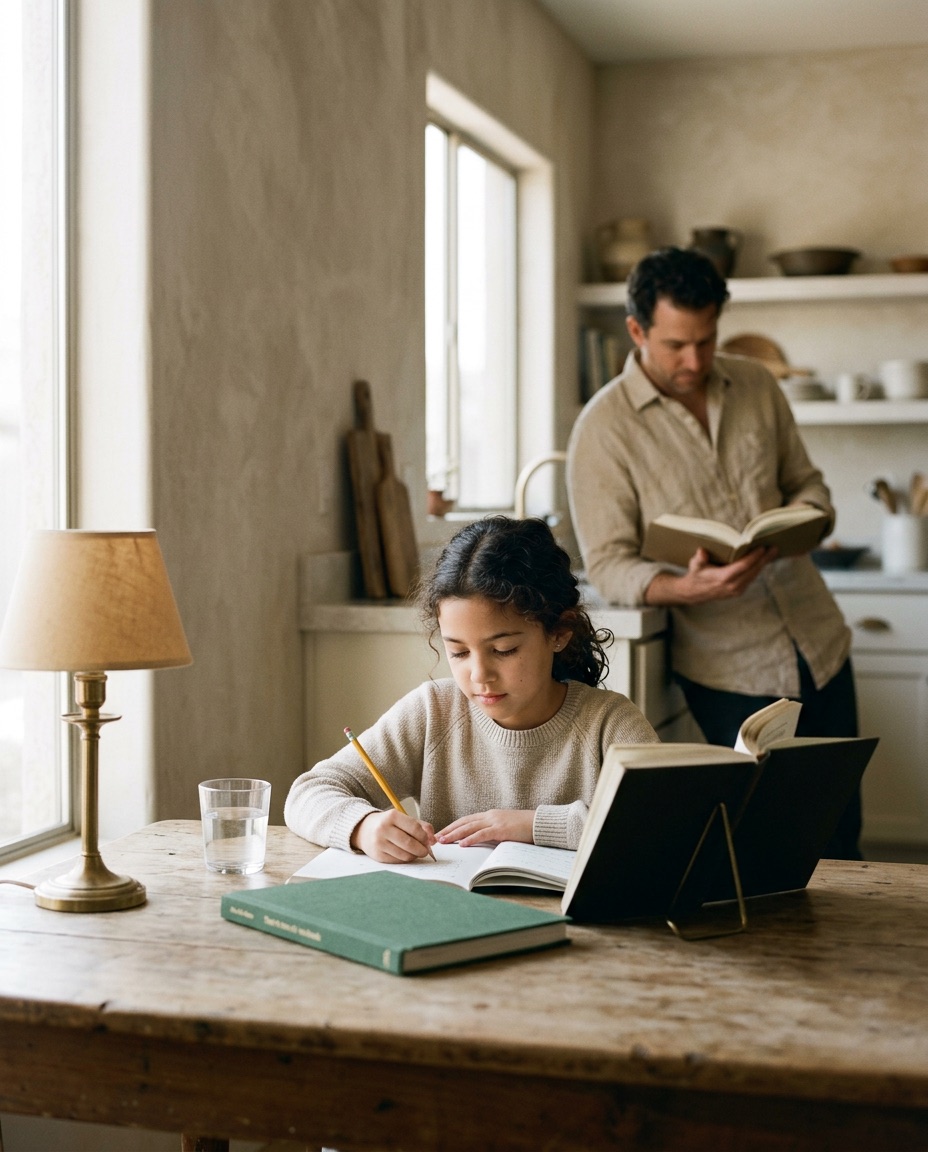 A girl writing in a green workbook at a kitchen table while her father reads nearby