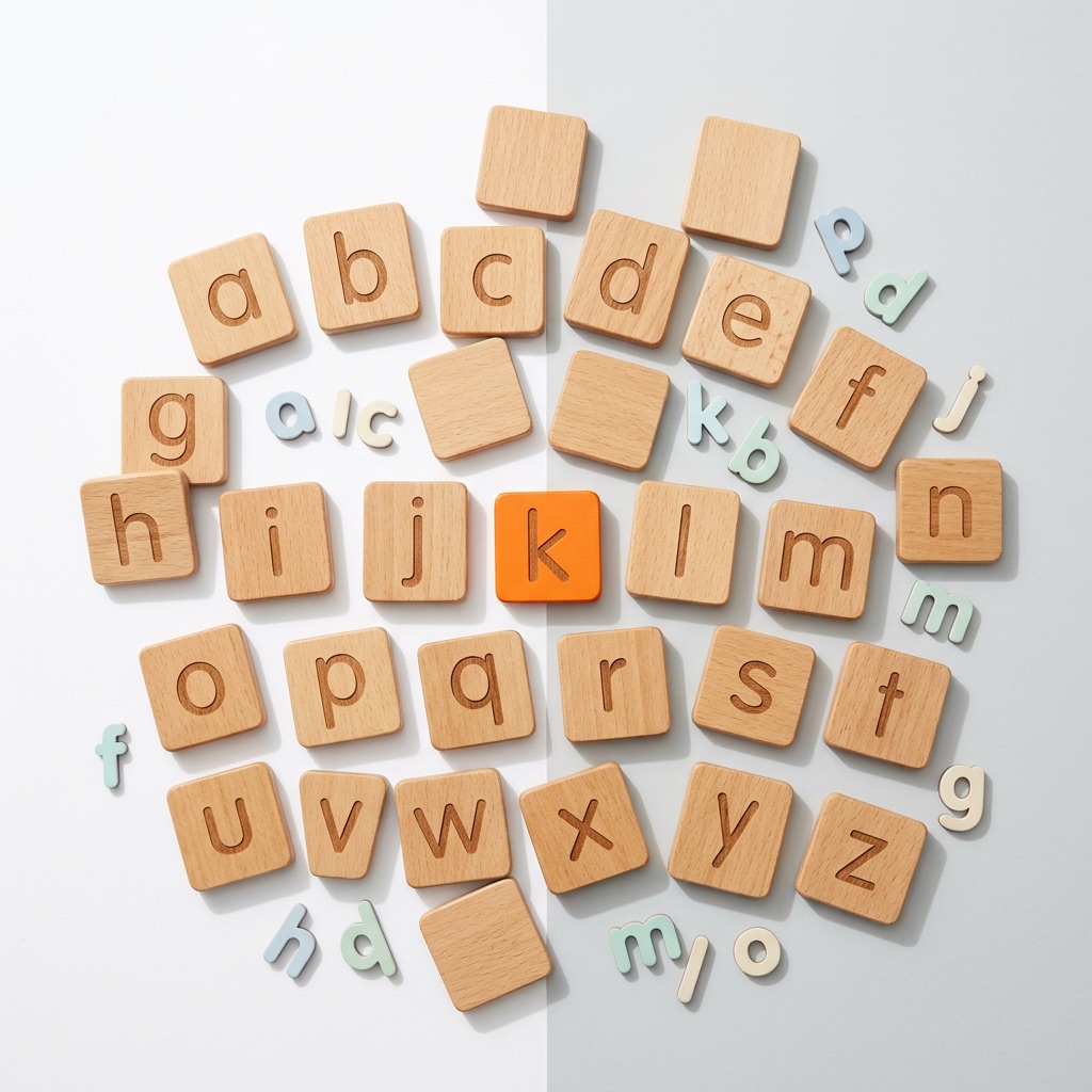 Wooden alphabet letter tiles in a loose pile