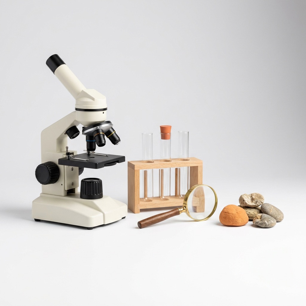 Beginner microscope, test-tube rack and magnifier