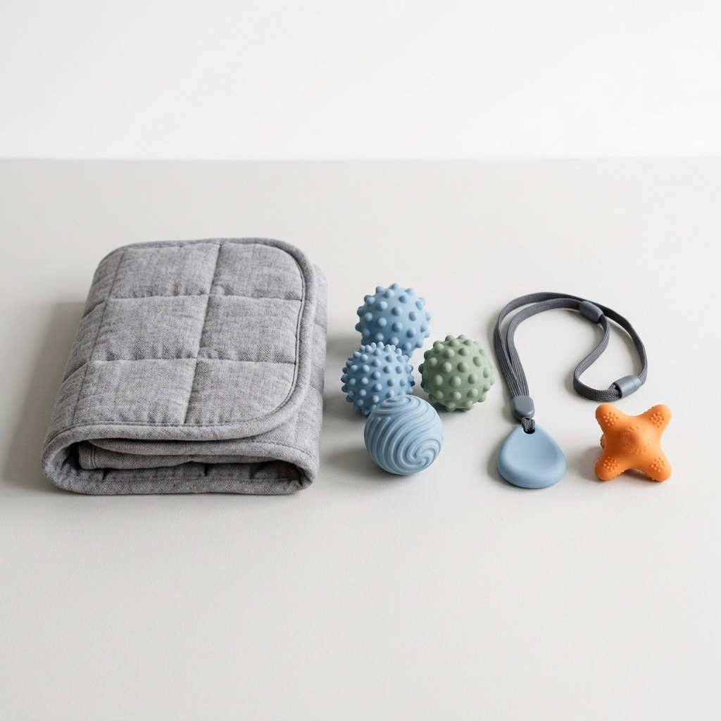 Weighted lap pad, textured fidget balls and a chewable pendant