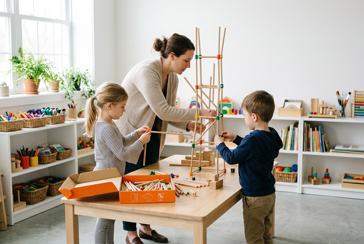 Two children and a parent building with wooden rods at the shop worktable